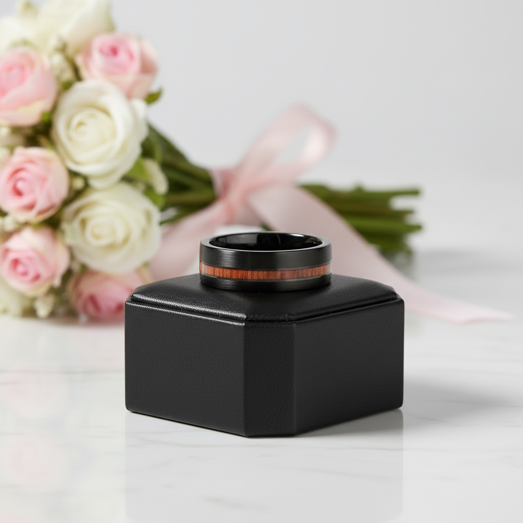 Black hexagonal container with wooden accent on a white surface, flowers in the background