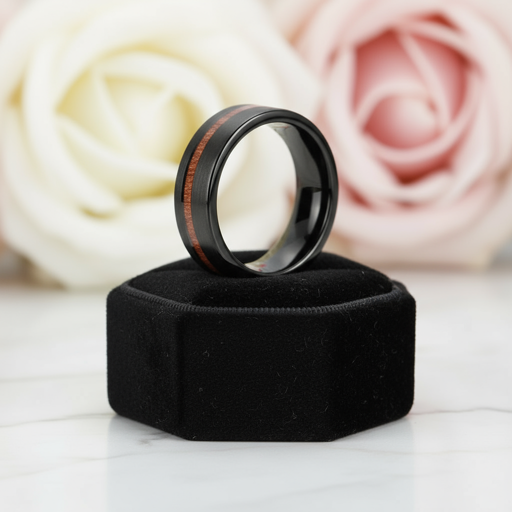 Black Tungsten Carbide Wedding Band with Nature Wood Inlay-Black Diamonds New York
