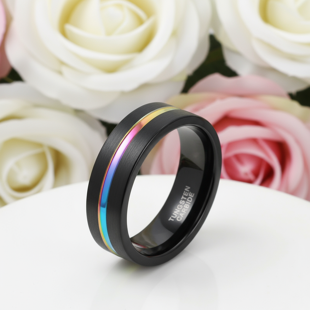 Black Tungsten Carbide Wedding Ring with Rainbow Line-Black Diamonds New York