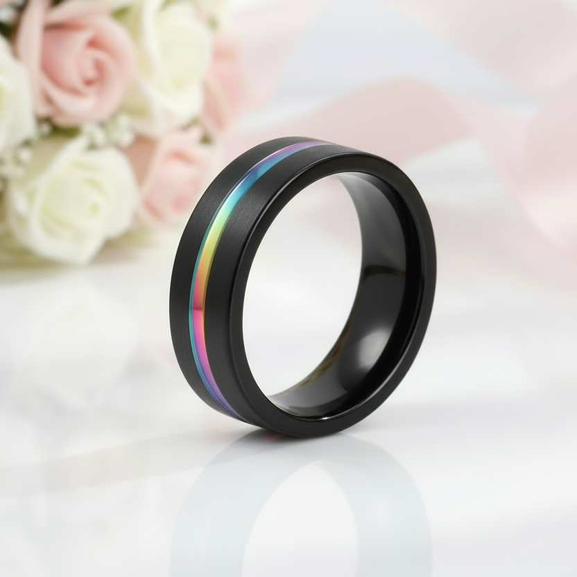 Black Tungsten Carbide Wedding Ring with Rainbow Line-Black Diamonds New York