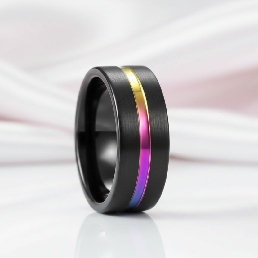 Black Tungsten Carbide Wedding Ring with Rainbow Line-Black Diamonds New York