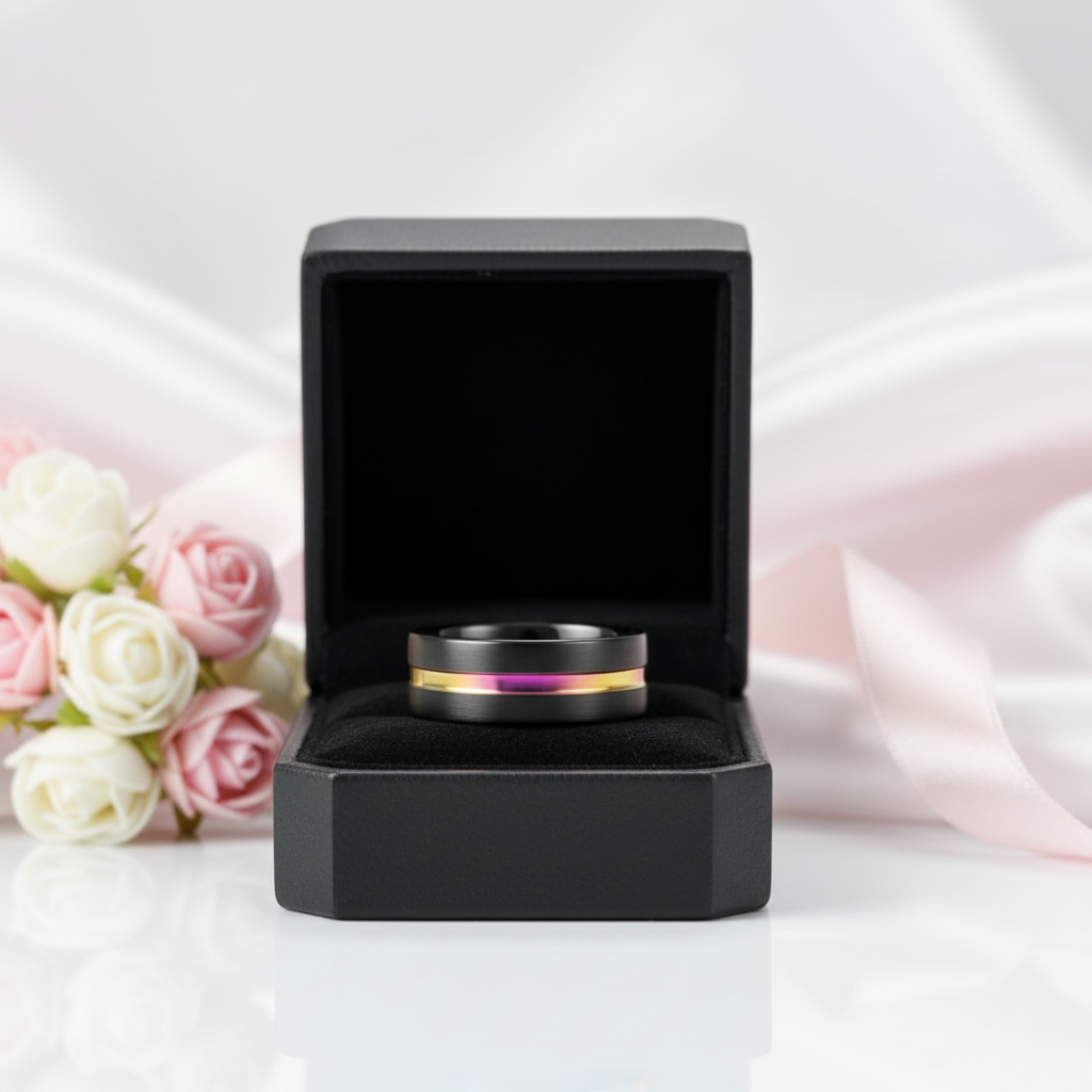 Black Tungsten Carbide Wedding Ring with Rainbow Line-Black Diamonds New York
