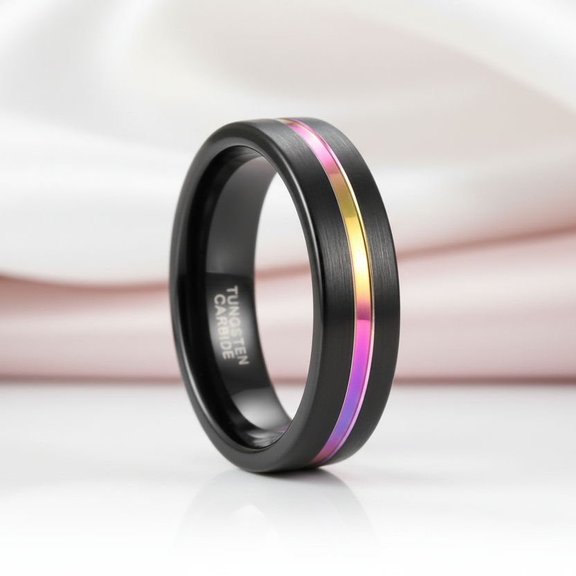 Black Tungsten Carbide Wedding Ring with Rainbow Line-Black Diamonds New York