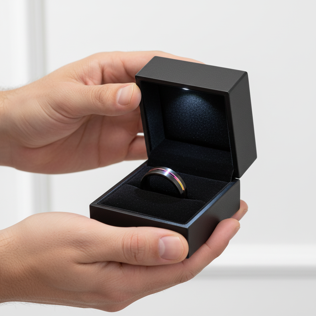 Black Tungsten Carbide Wedding Ring with Rainbow Line-Black Diamonds New York