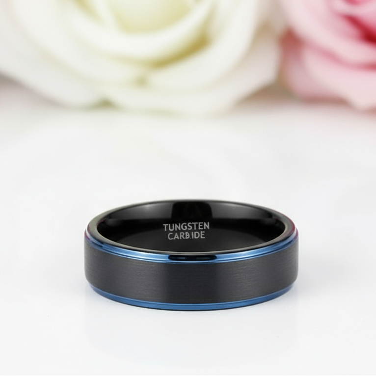Black Tungsten Men's Wedding Band with Blue Line-Black Diamonds New York