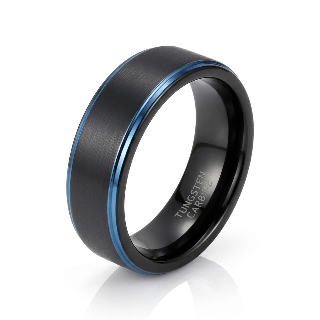 Black Tungsten Men's Wedding Band with Blue Line-Black Diamonds New York
