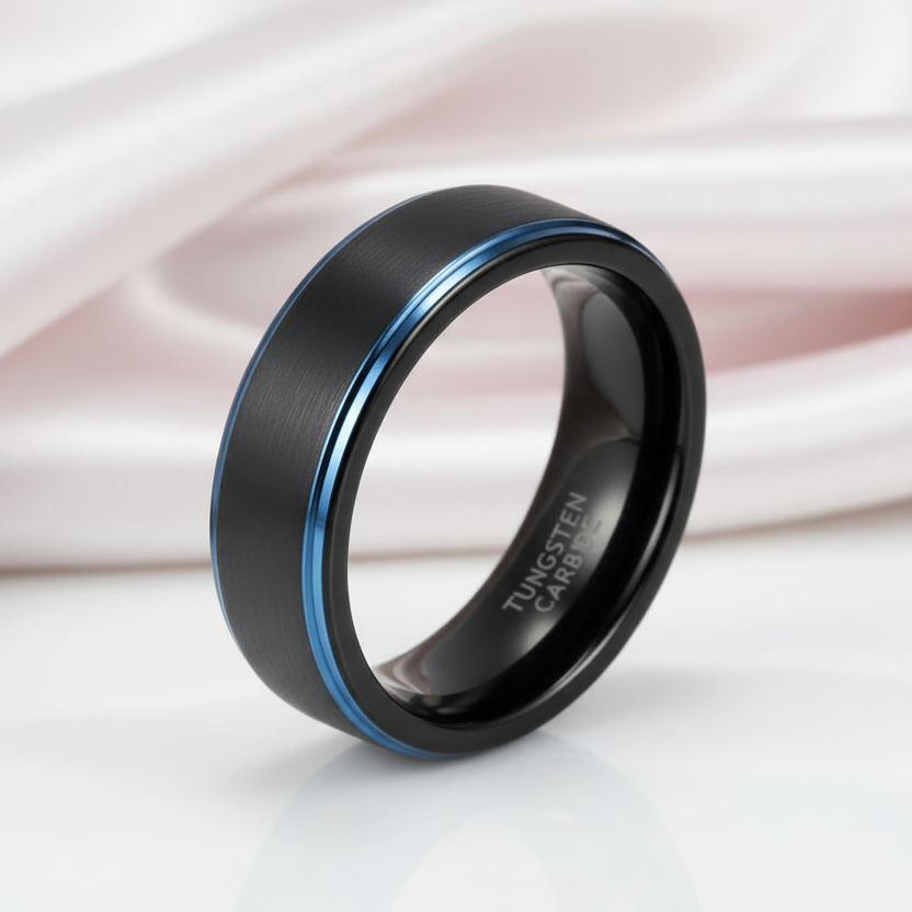 Black Tungsten Men's Wedding Band with Blue Line-Black Diamonds New York