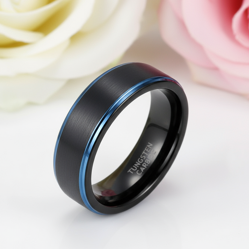 Black Tungsten Men's Wedding Band with Blue Line-Black Diamonds New York