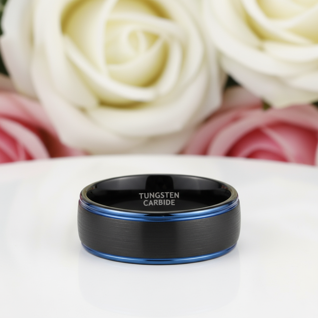Black Tungsten Men's Wedding Band with Blue Line-Black Diamonds New York