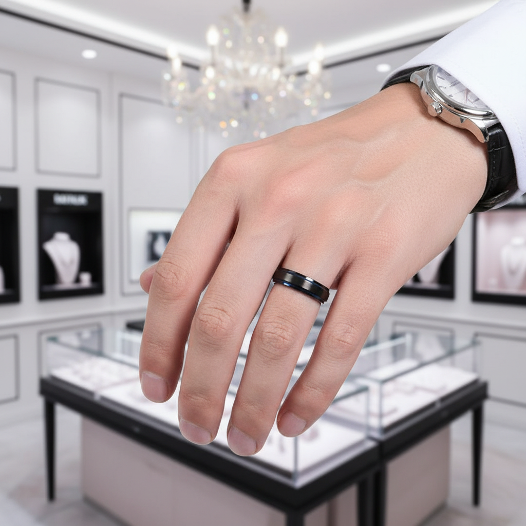 Black Tungsten Men's Wedding Band with Blue Line-Black Diamonds New York