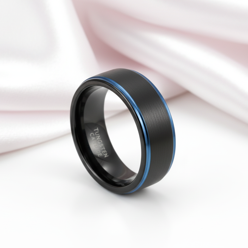 Black Tungsten Men's Wedding Band with Blue Line-Black Diamonds New York