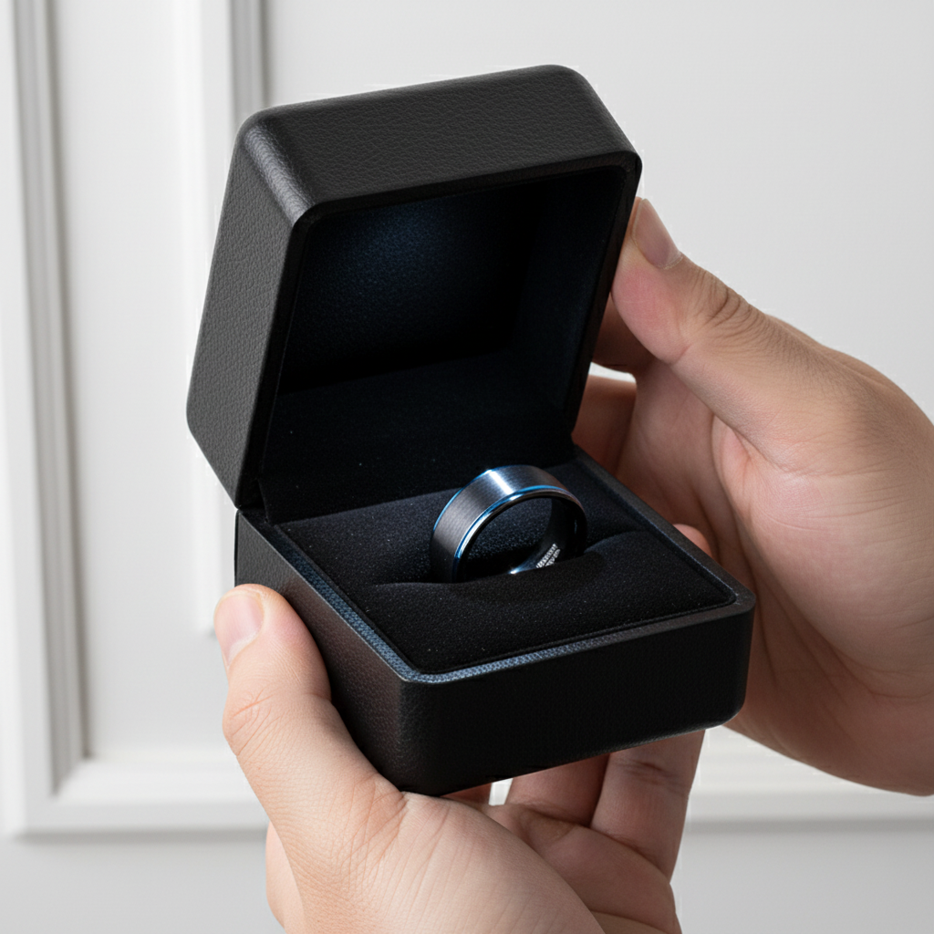 Black Tungsten Men's Wedding Band with Blue Line-Black Diamonds New York