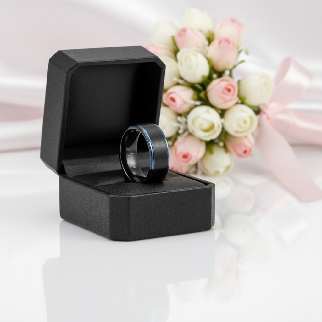 Black Tungsten Men's Wedding Band with Blue Line-Black Diamonds New York