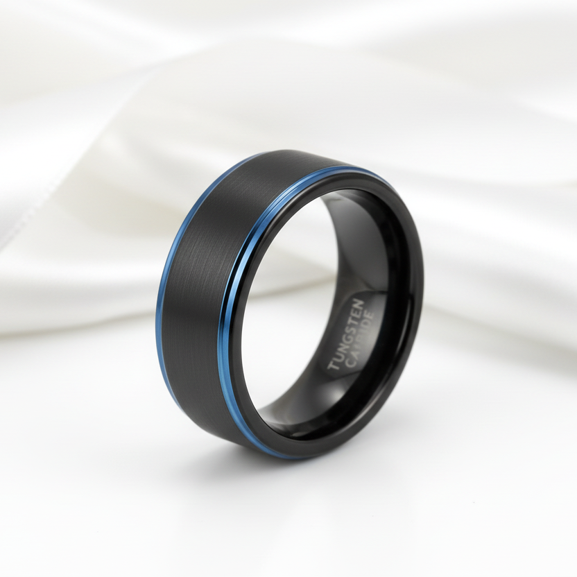 Black Tungsten Men's Wedding Band with Blue Line-Black Diamonds New York