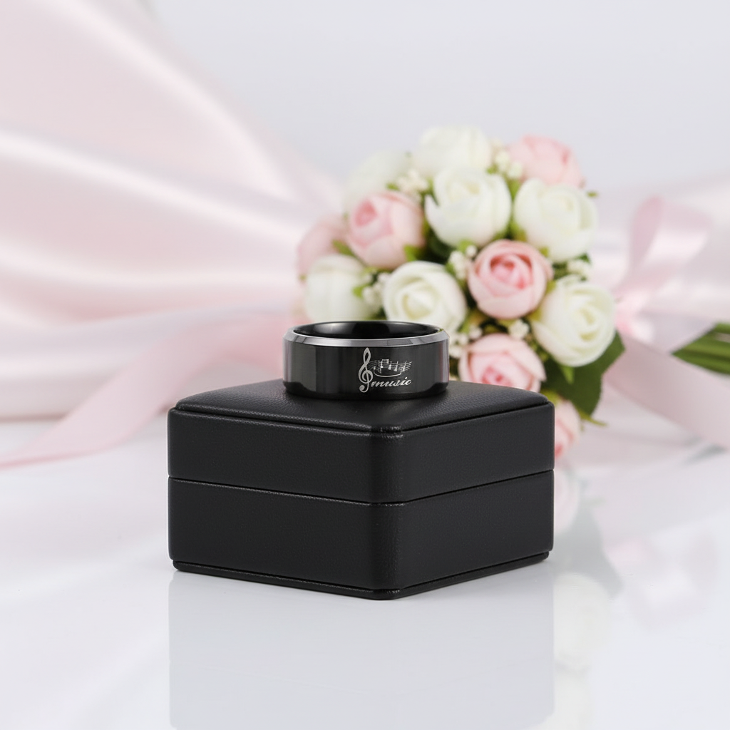 Black Tungsten Wedding Ring with Custom Engraved Musical Note-Black Diamonds New York