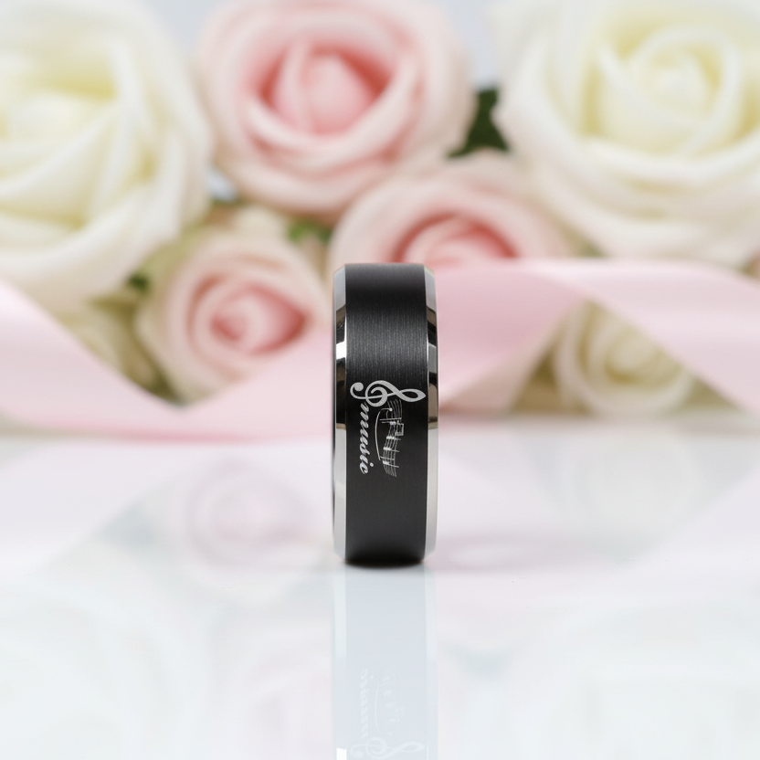 Black Tungsten Wedding Ring with Custom Engraved Musical Note-Black Diamonds New York