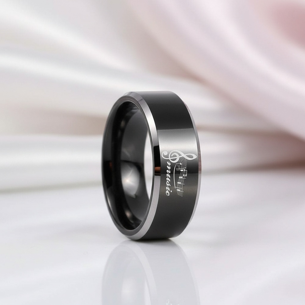 Black Tungsten Wedding Ring with Custom Engraved Musical Note-Black Diamonds New York