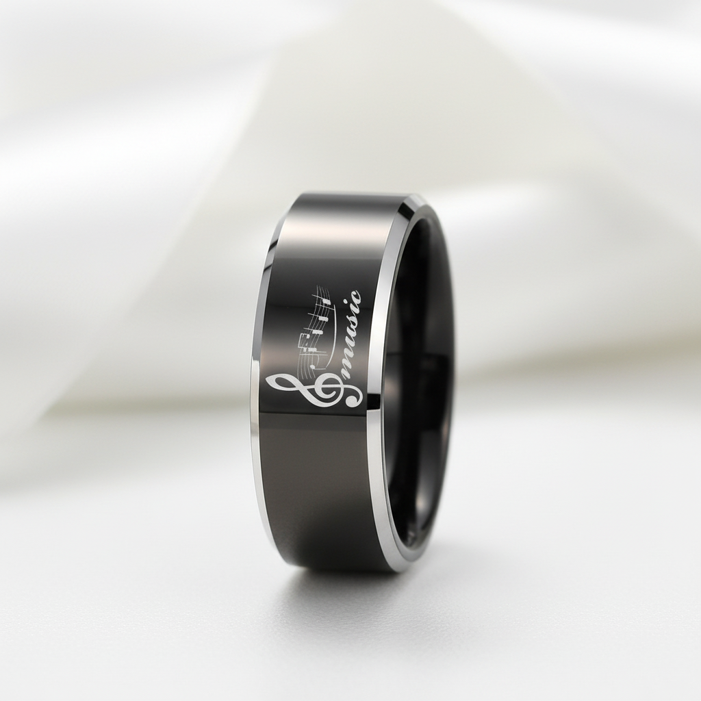 Black Tungsten Wedding Ring with Custom Engraved Musical Note-Black Diamonds New York