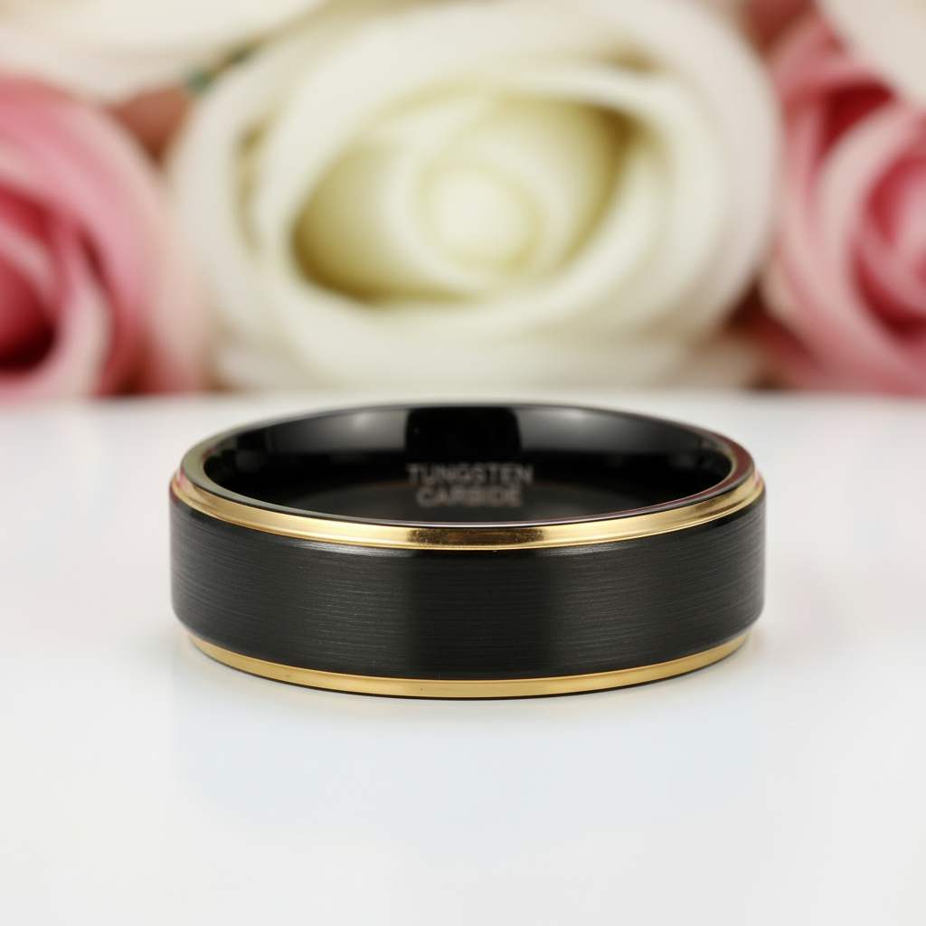 Black Tungsten with Gold Edges Men's Wedding Band-Black Diamonds New York