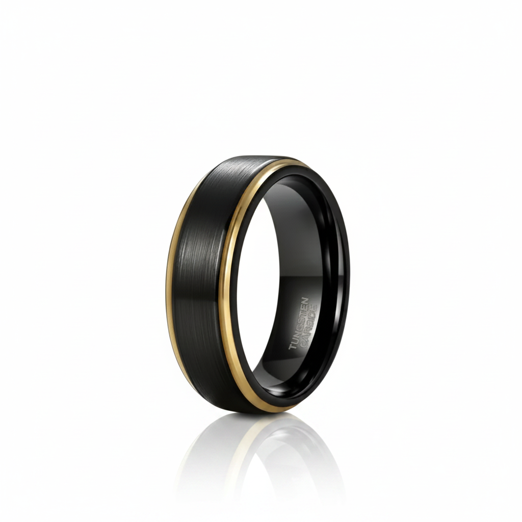 A black carbon fiber ring band with a brushed center and polished gold-colored beveled edges, shown on a reflective white surface.