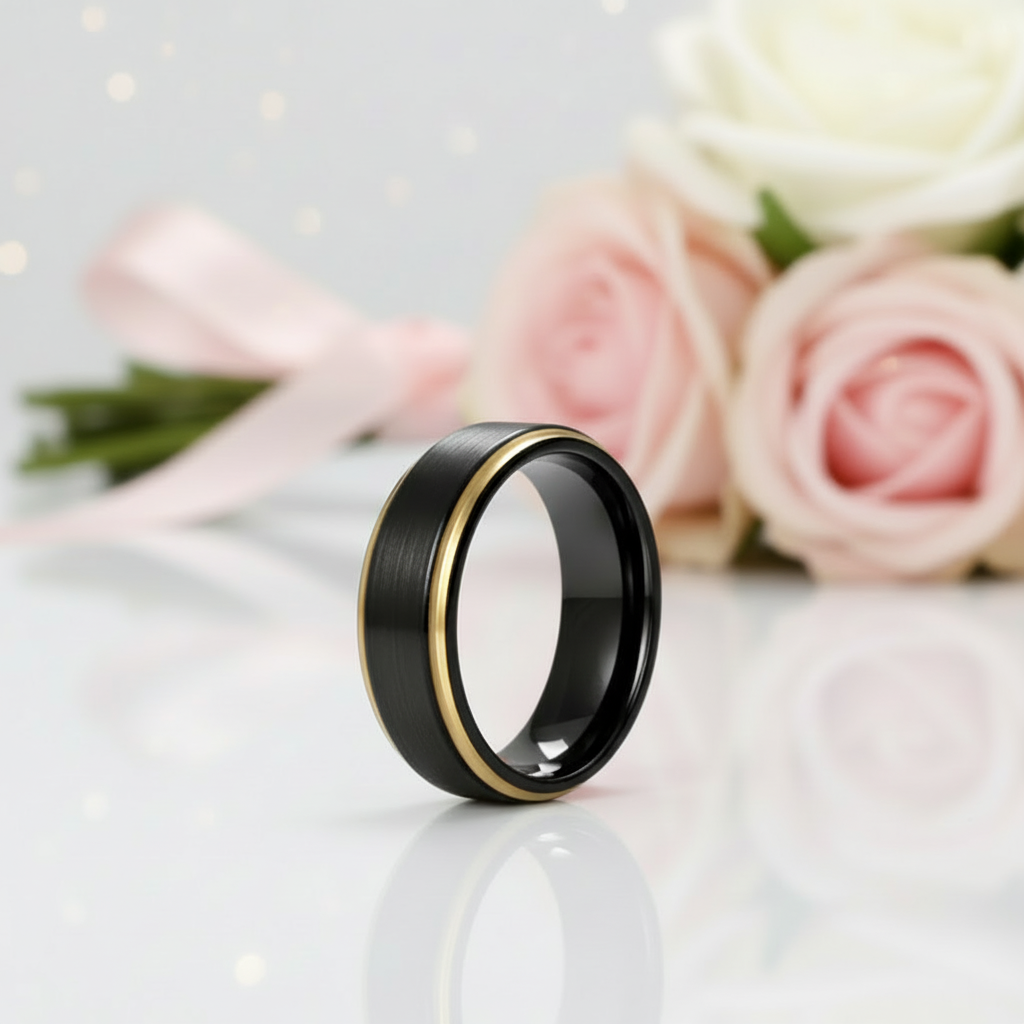 Black Tungsten with Gold Edges Men's Wedding Band-Black Diamonds New York