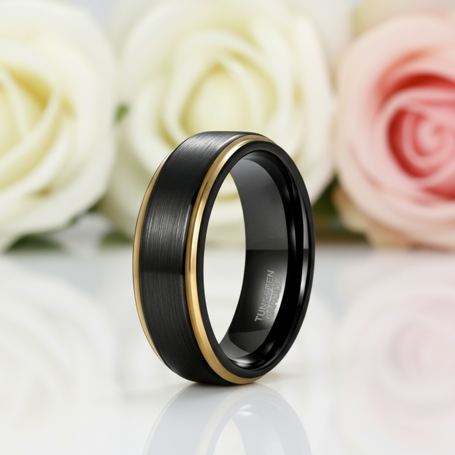 Black Tungsten with Gold Edges Men's Wedding Band-Black Diamonds New York