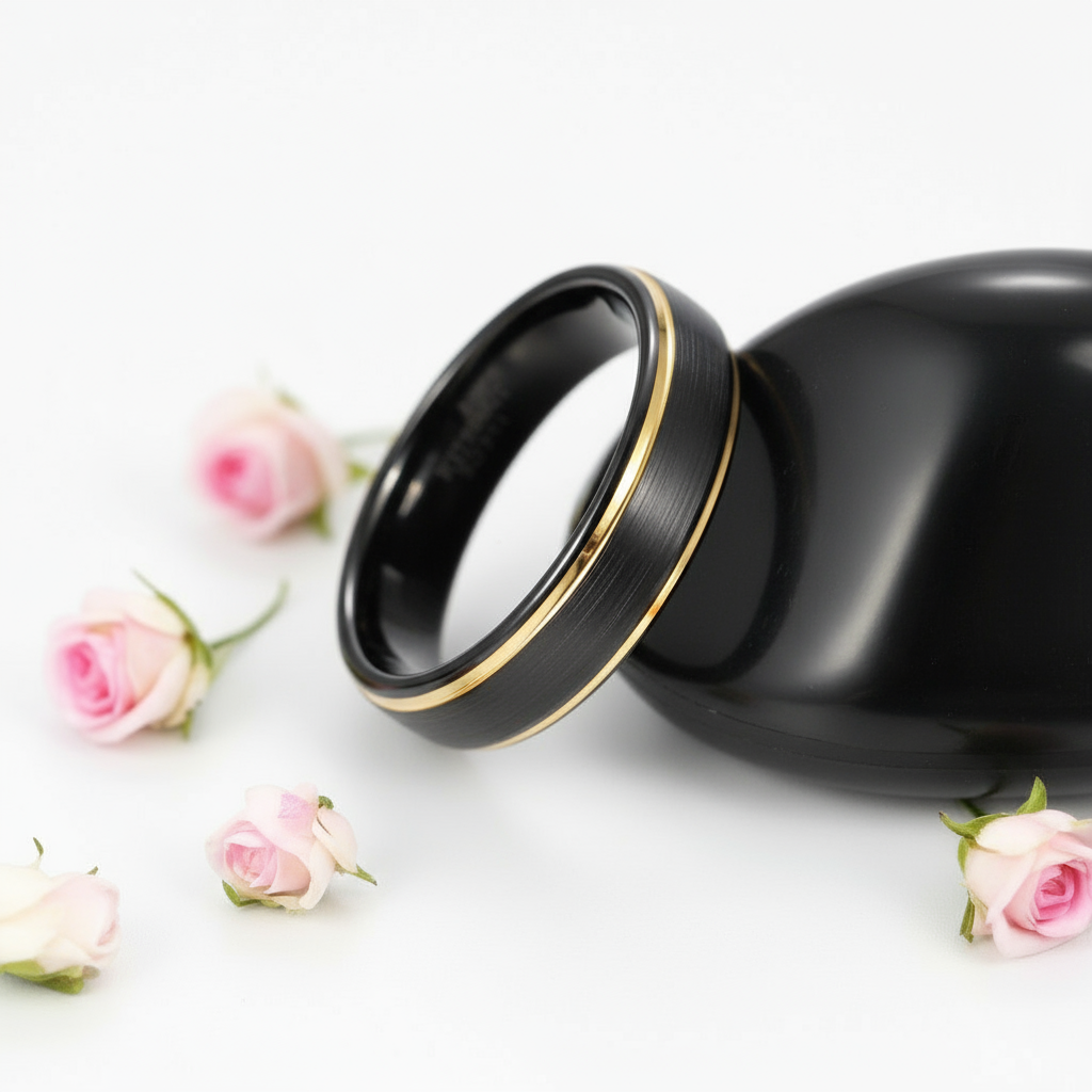 Black Tungsten with Gold Edges Men's Wedding Band-Black Diamonds New York