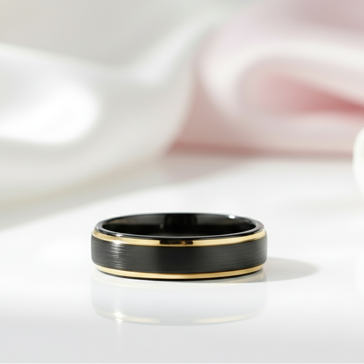 Black Tungsten with Gold Edges Men's Wedding Band-Black Diamonds New York