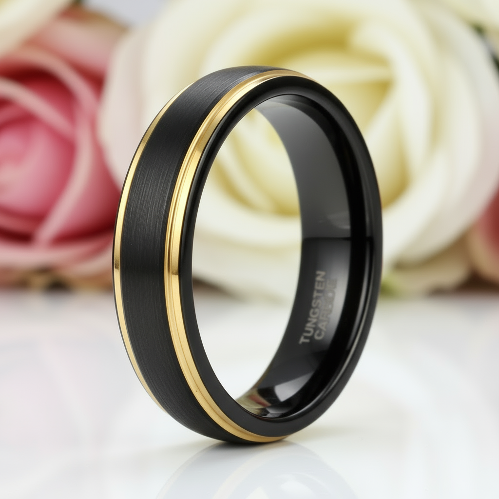 Black Tungsten with Gold Edges Men's Wedding Band-Black Diamonds New York