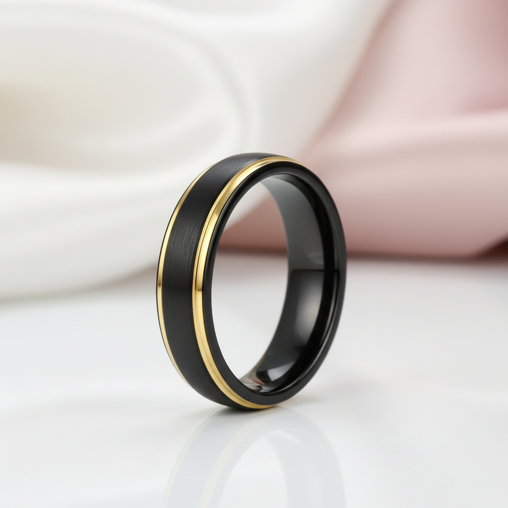 Black Tungsten with Gold Edges Men's Wedding Band-Black Diamonds New York