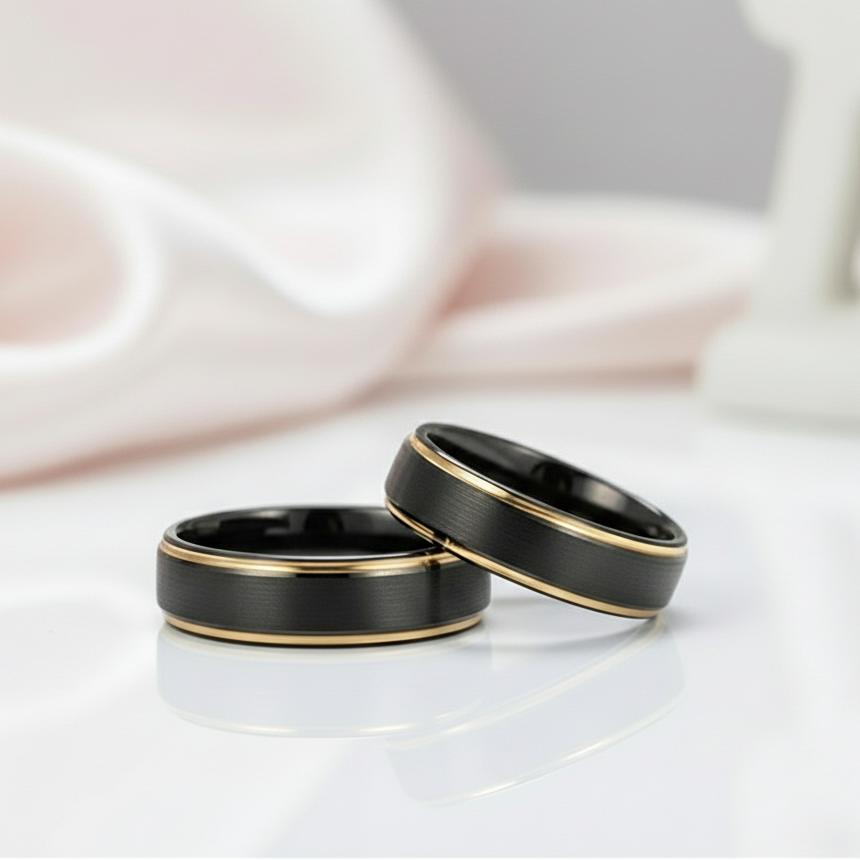 Black Tungsten with Gold Edges Men's Wedding Band-Black Diamonds New York