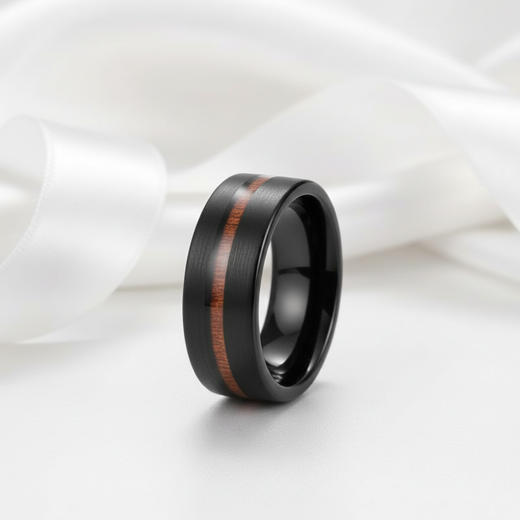 Black with Wood Line Tungsten Carbide Ring-Black Diamonds New York