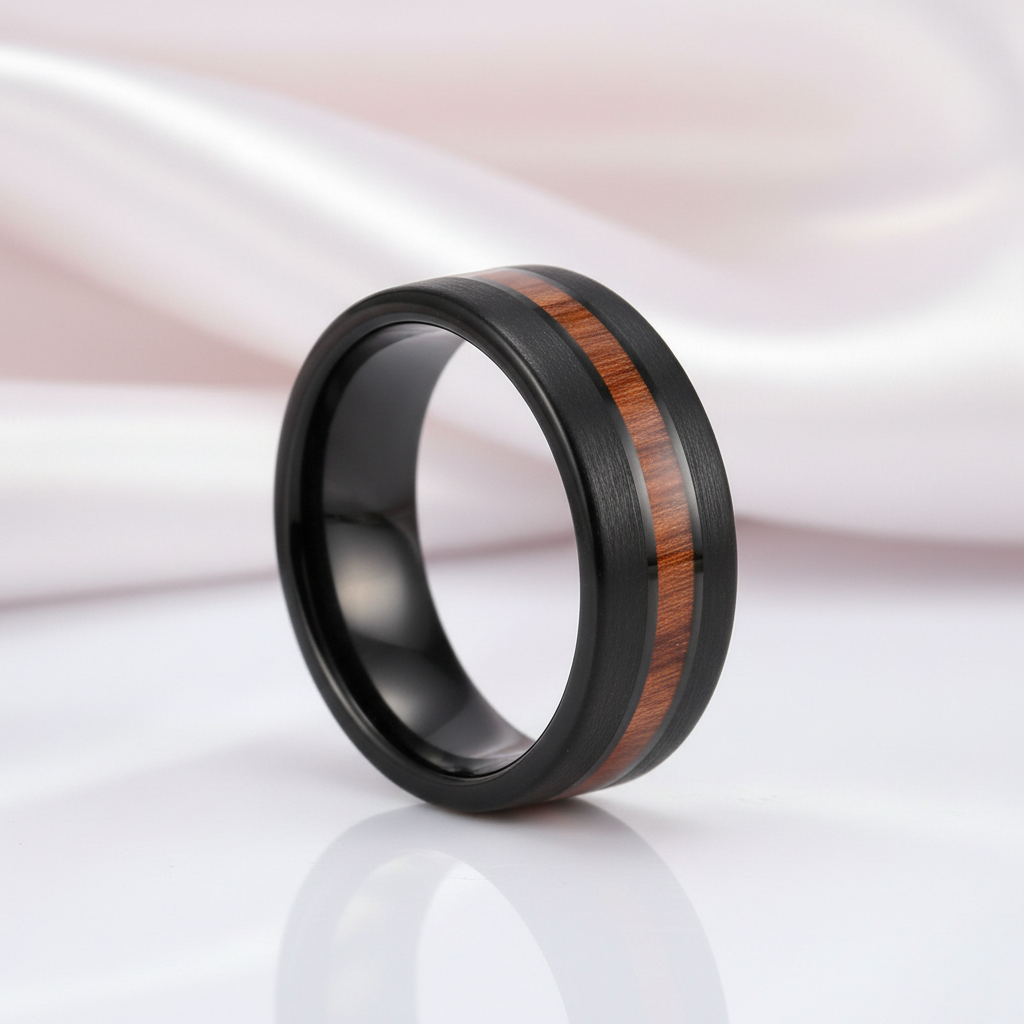 Black with Wood Line Tungsten Carbide Ring-Black Diamonds New York
