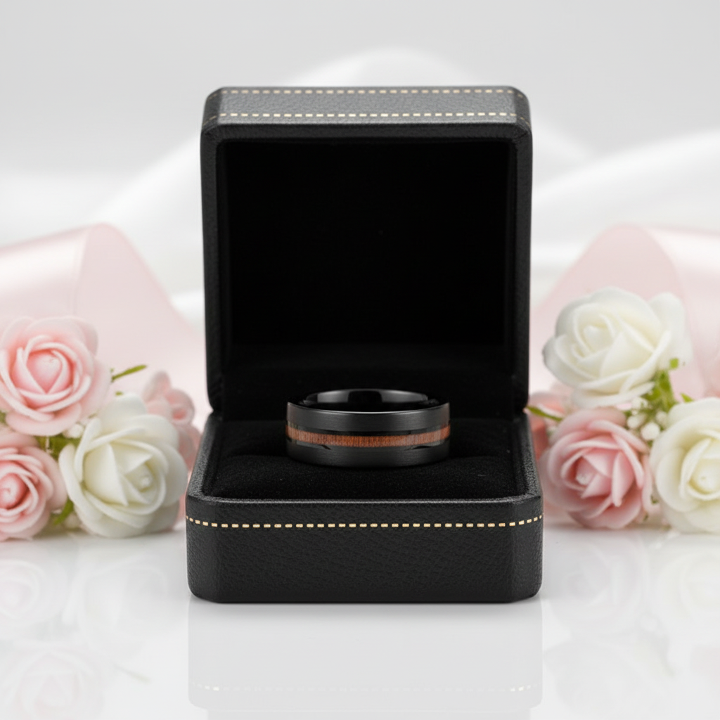 Black with Wood Line Tungsten Carbide Ring-Black Diamonds New York