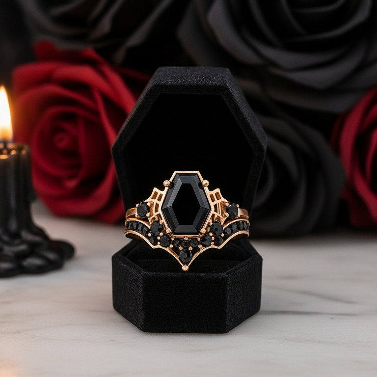 Eternal Vows Ring Set- Spider Web Coffin Cut Diamond Wedding Rings-Black Diamonds New York