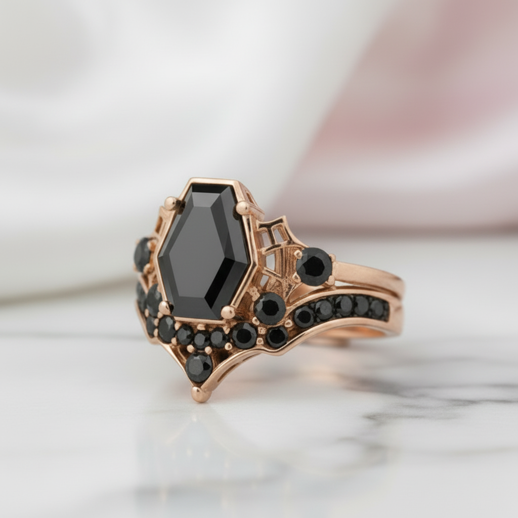 Eternal Vows Ring Set- Spider Web Coffin Cut Diamond Option Wedding Rings-Black Diamonds New York