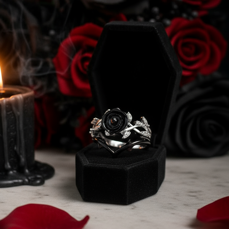 Black Rose- .50ct Round Cut Diamond Option 14k Gold Modern Goth Engagement Ring-Black Diamonds New York