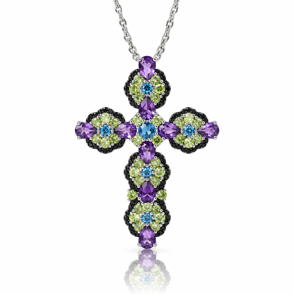 Blue Topaz and Purple Amethyst Gemstone Cross Pendant Necklace-Black Diamonds New York