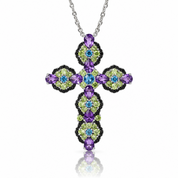 Blue Topaz and Purple Amethyst Gemstone Cross Pendant Necklace-Black Diamonds New York