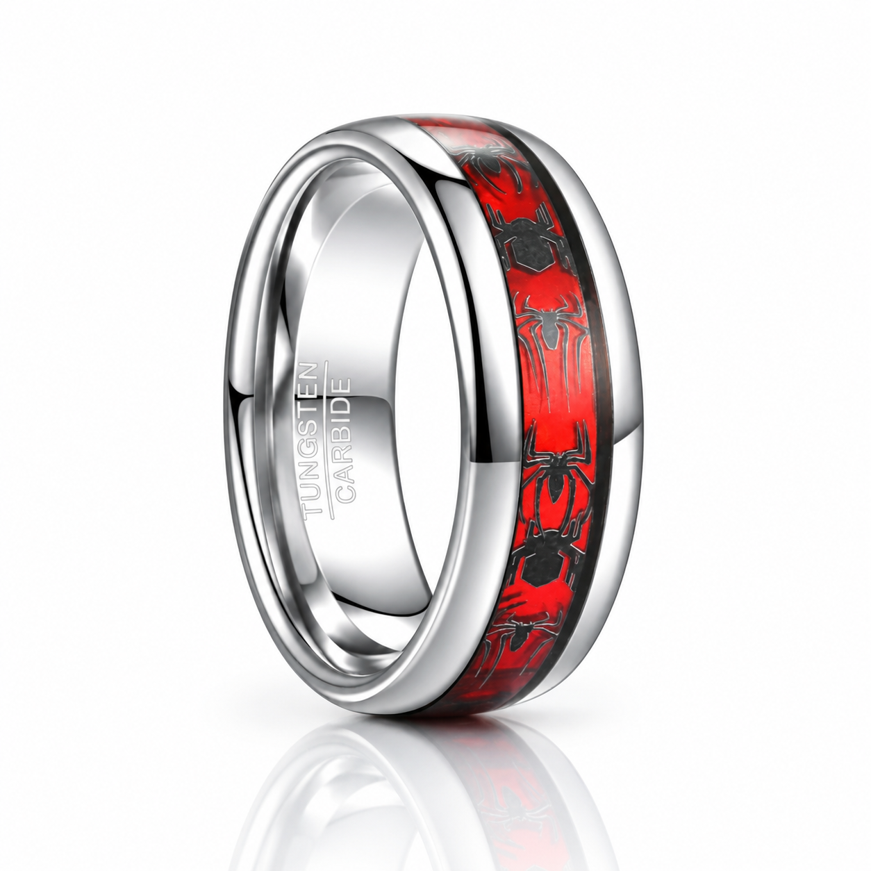 Red Opal & Spider Inlaid Tungsten Men's Wedding Band-Black Diamonds New York
