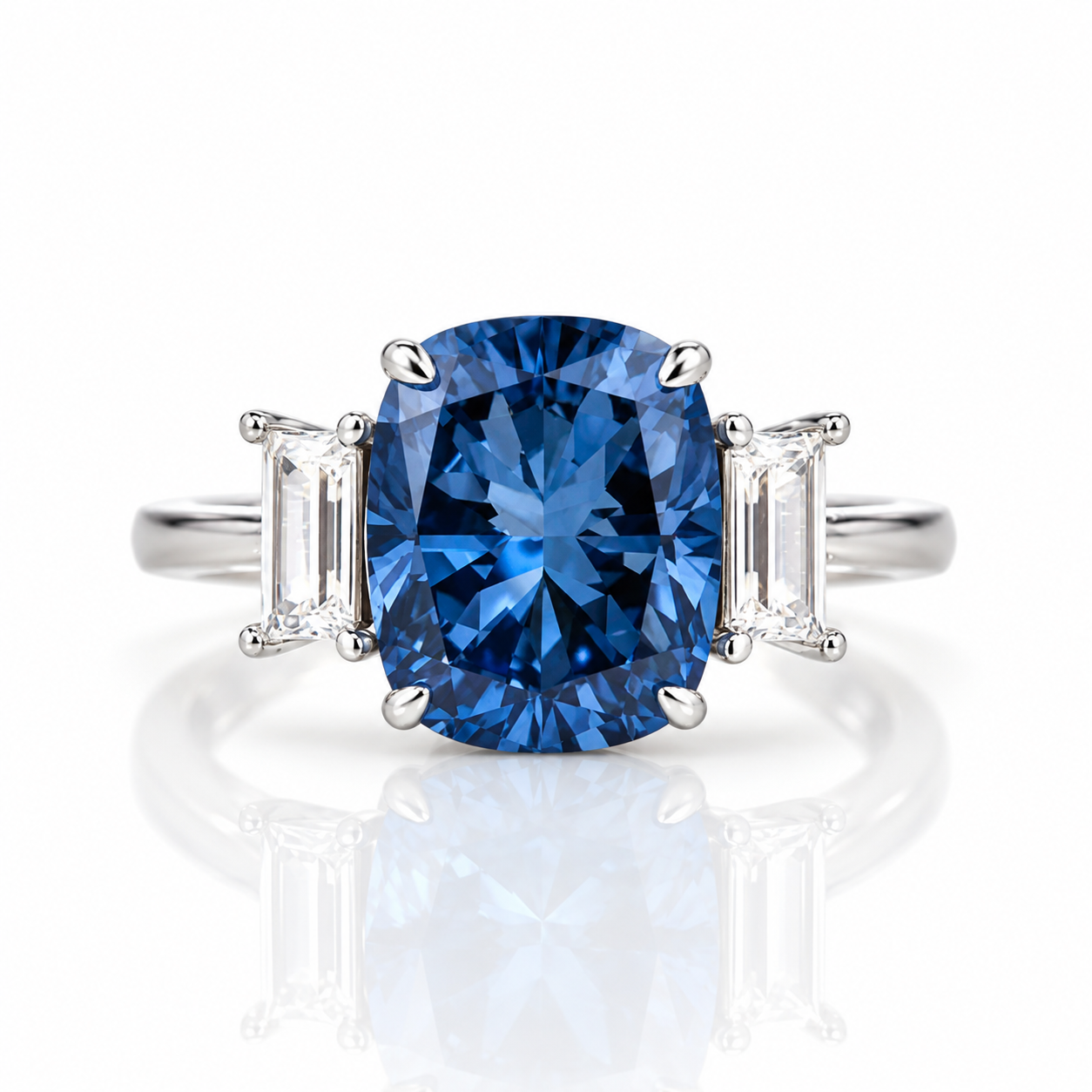 Blue Sapphire Cushion Cut Three Stone Engagement Ring-Black Diamonds New York