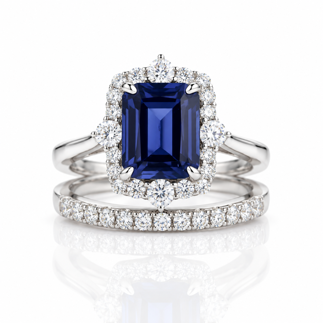 Halo Blue Sapphire Emerald Cut Wedding Ring Set-Black Diamonds New York