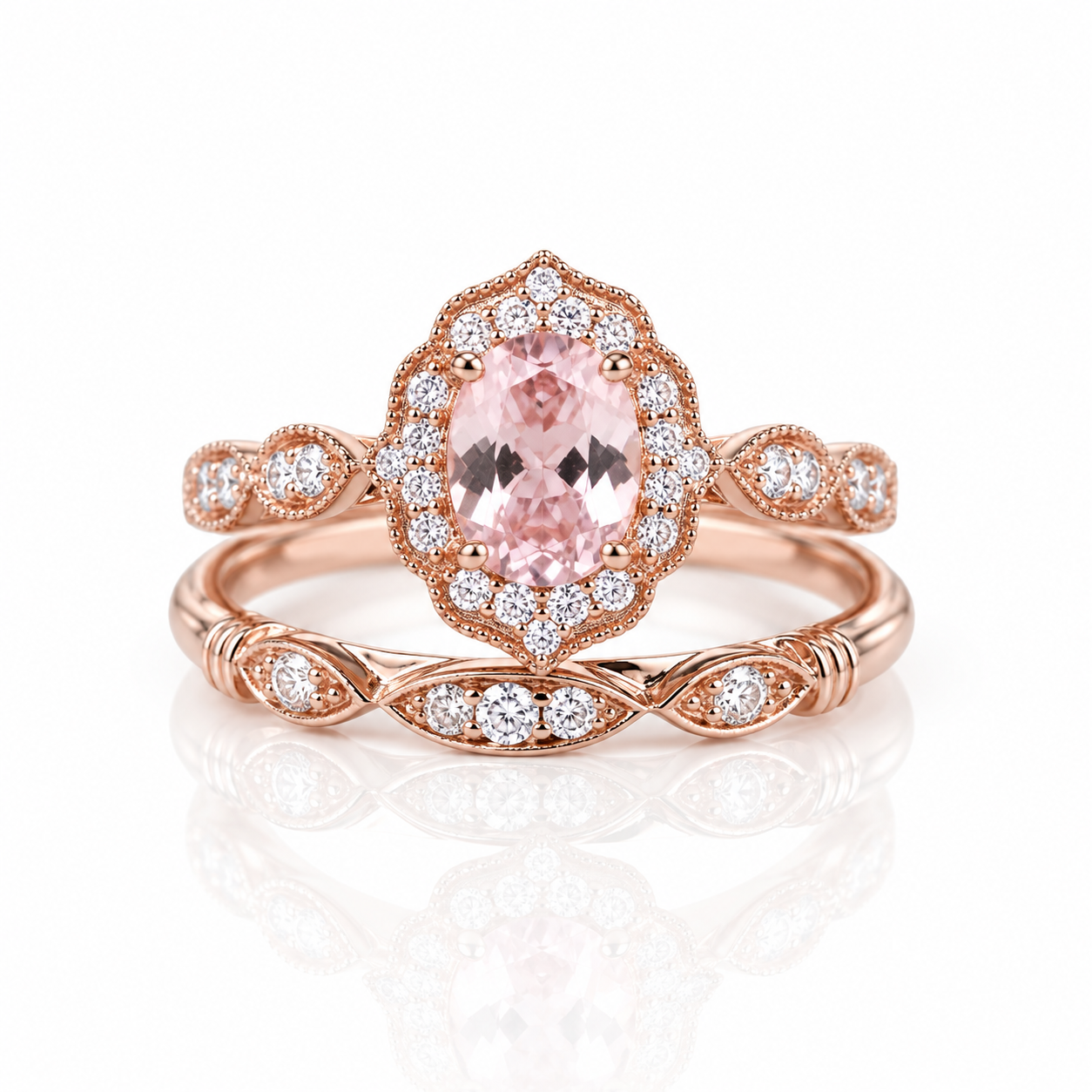 1.5 CT Oval Cut Pink Stone Ring Set In Rose Gold-Black Diamonds New York