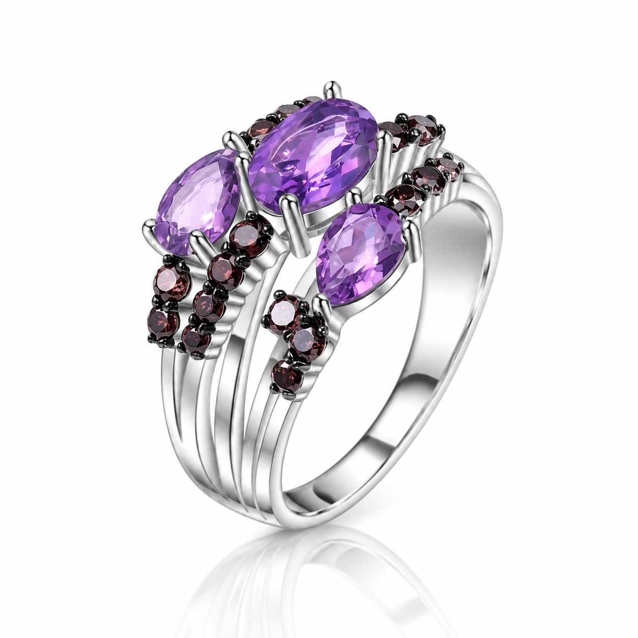 1.54Ct Amethyst Three Birthstone Ring-Black Diamonds New York