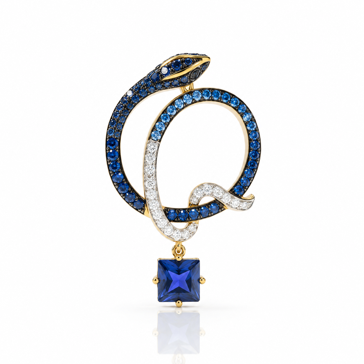 Sparkling Blue Stone Cute Snake Yellow Gold Pendant-Black Diamonds New York