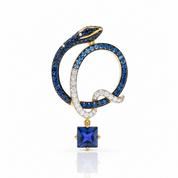 Sparkling Blue Stone Cute Snake Yellow Gold Pendant-Black Diamonds New York