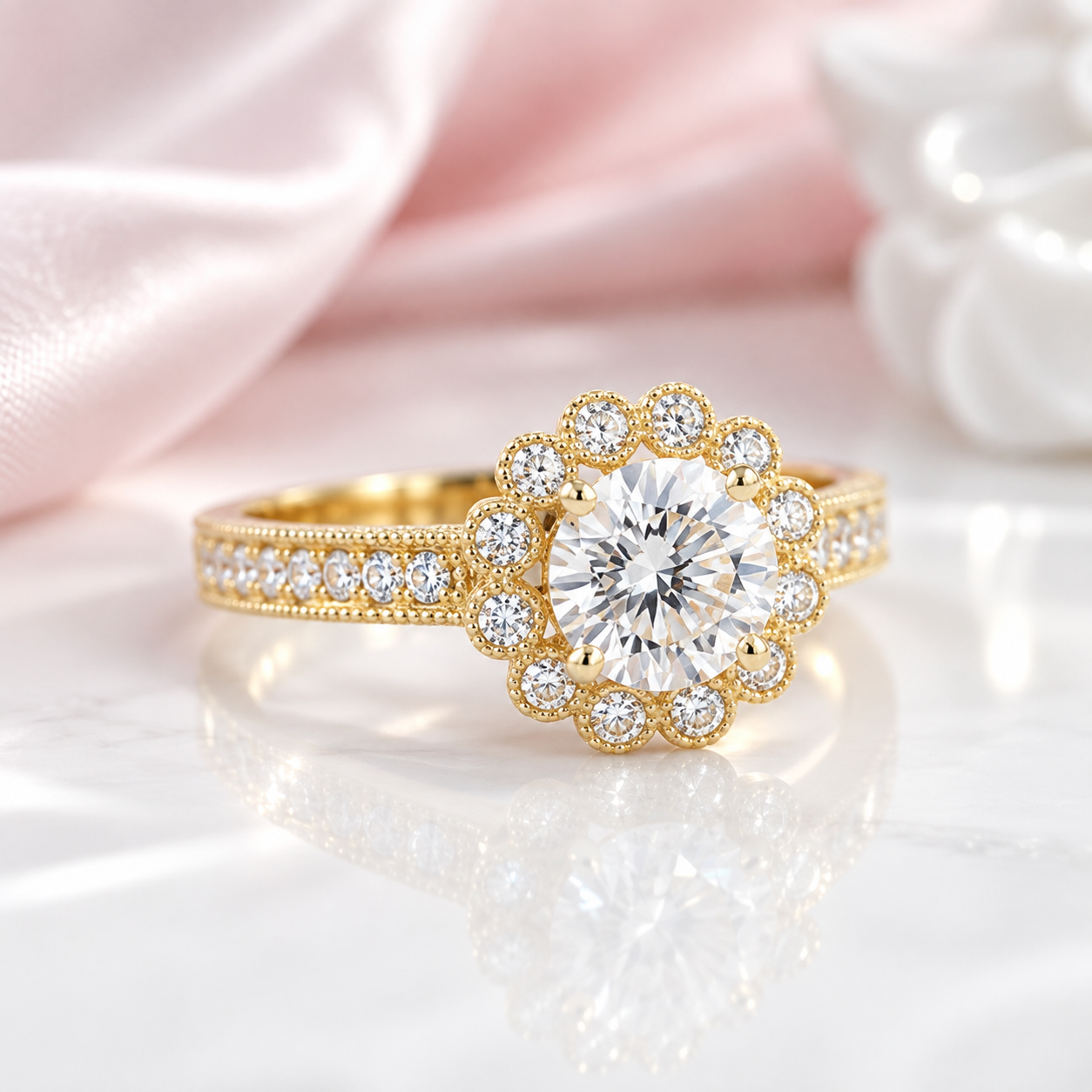 10k Solid Gold 1.0 Ct Diamond Option Flower Engagement Ring-Black Diamonds New York