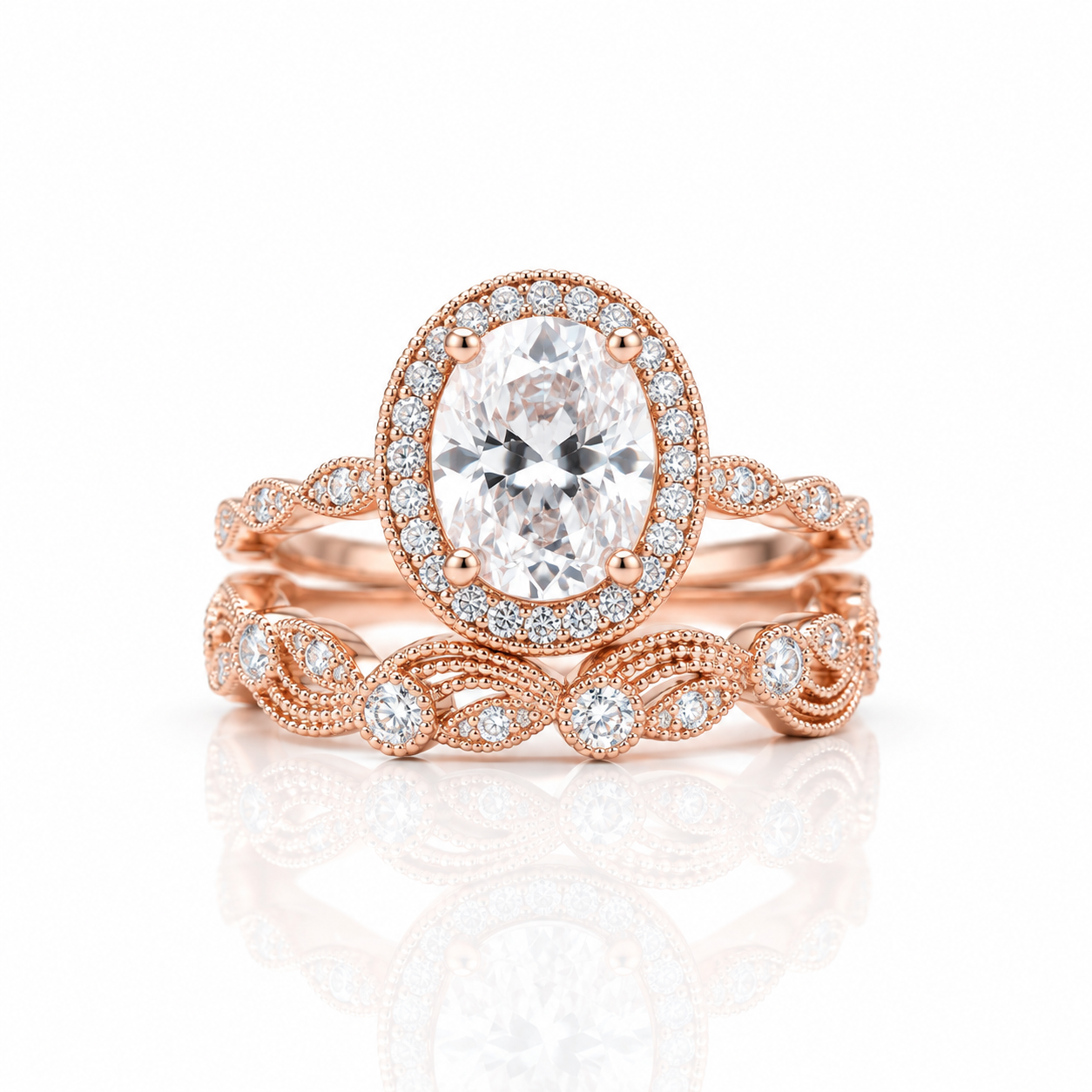 Oval Cut Clear Stone Halo Wedding Ring Set in Rose Gold-Black Diamonds New York