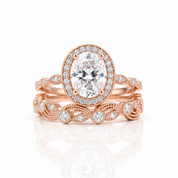 Oval Cut Clear Stone Halo Wedding Ring Set in Rose Gold-Black Diamonds New York
