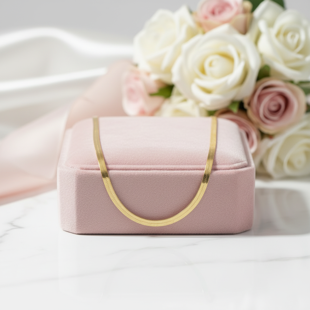 Pink jewelry box with gold handle in front of pink and white roses